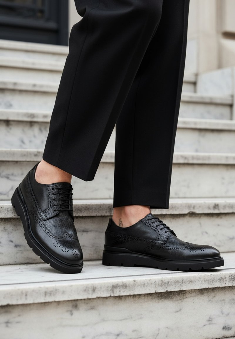 Chaussures habillées en cuir noir avec détails brogue, finition texturée et semelle en caoutchouc noir. Placées sur des marches en marbre, une partie de la tenue formelle est visible.