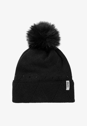 Cuffia a maglia nera con motivo a diamante testurizzato, sormontata da un pon pon in ecopelliccia nera. Presenta una piccola etichetta bianca sul lato.