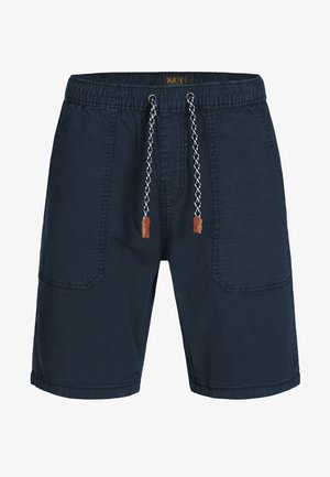 Marineblauwe shorts van textuurstof met een elastische tailleband, verstelbaar trekkoord en twee voorzakken.