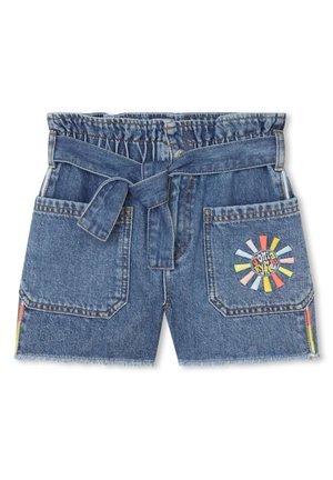 Shorts in denim con vita regolabile, due tasche anteriori e un design ricamato colorato sulla tasca destra. Dettagli orlo sfrangiato.