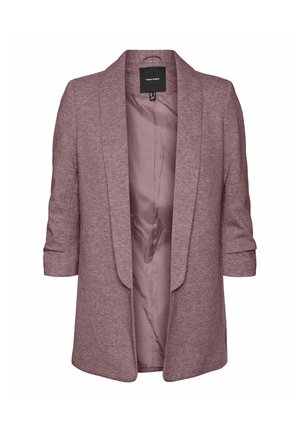 Kort, åben-front blazer i blød, tekstureret mauve stof. Har opkaldte ærmer og en glat foring, med et minimalistisk design.
