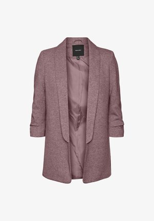 Blazer corto de frente abierto en suave tela texturizada en color malva. Presenta mangas enrolladas y un forro suave, con un diseño minimalista.