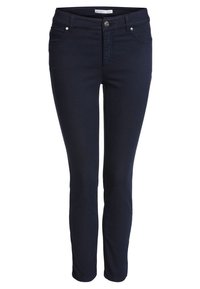 Pantalones ajustados azul marino con cierre frontal de botón y cremallera, dos bolsillos frontales y passadores para cinturón, mostrados sobre un fondo blanco.