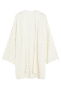 Open front cardigan made of knitted cream fabric, featuring a textured pattern, wide sleeves, and a scalloped hem.