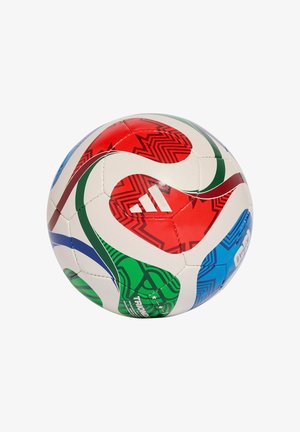 Pallone da calcio Adidas con una base bianca caratterizzata da motivi ondulati rossi, verdi, blu e neri; pannelli testurizzati; visibile logo con tre strisce bianche.