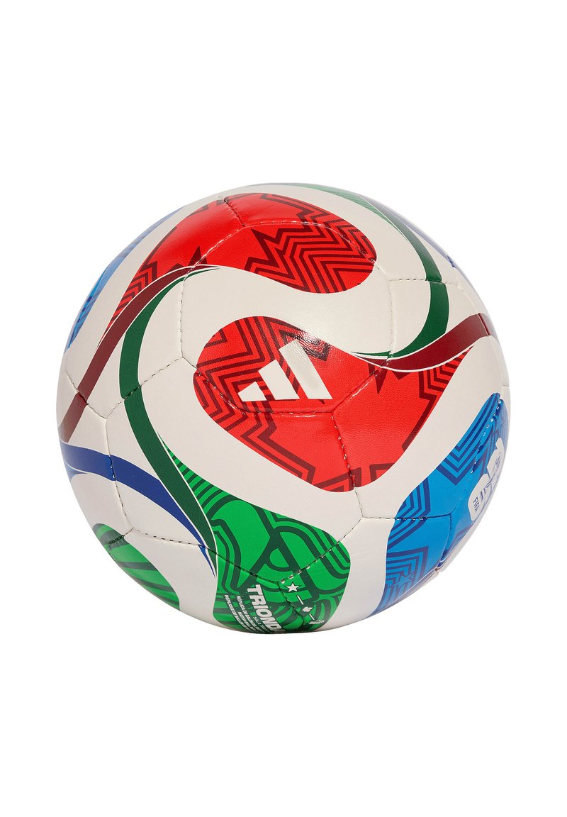 Adidas voetbal met een witte basis met golvende patronen in rood, groen, blauw en zwart; getextureerde panelen; drie witte strepen logo zichtbaar.