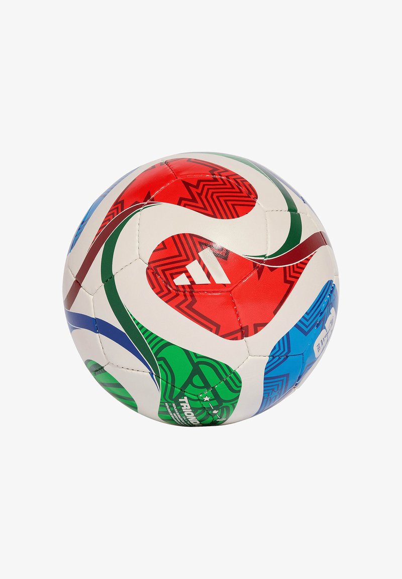 Ballon de football Adidas avec une base blanche ornée de motifs ondulés rouges, verts, bleus et noirs ; panneaux texturés ; logo à trois bandes blanches visible.