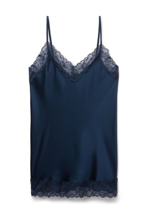 Navy satin top met verstelbare spaghettibandjes, voorzien van verfijnde kantafwerking langs de halslijn en zoom voor extra textuurdetail.
