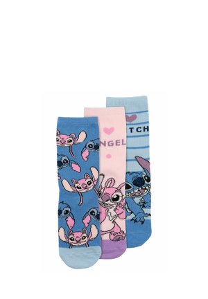 Three colorful socks featuring Stitch and Angel characters from Disney, with hearts and text on pastel blue and pink backgrounds.