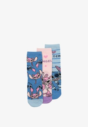 Three colorful socks featuring Stitch and Angel characters from Disney, with hearts and text on pastel blue and pink backgrounds.
