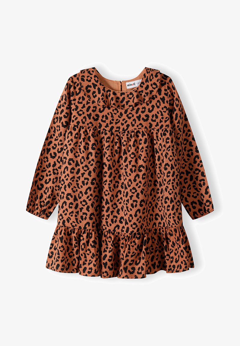 Smeđa haljina dugih rukava s crnim leopard printom, s volanima oko dekoltea i raširenom donjom ivicom. Napravljena je od mekog materijala.