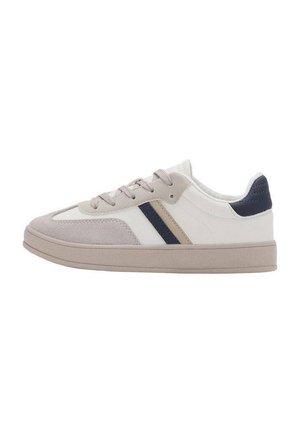 Sneakers with a white leather upper, gray suede toe cap, navy heel accent, and cream and navy stripes. Flat rubber sole, classic lace closure.