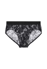 Schwarze Spitzenunterhose mit floralen Mustern, durchsichtiger Stoff und einem schwarzen elastischen Bund mit geprägtem Text.