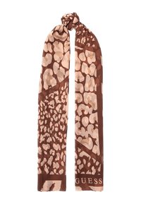 Sciarpa marrone e beige con motivo a stampa leopardata. Realizzata in tessuto morbido, ha un design annodato a un'estremità e il logo del marchio nella parte inferiore.