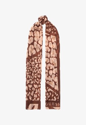 Sciarpa marrone e beige con motivo a stampa leopardata. Realizzata in tessuto morbido, ha un design annodato a un'estremità e il logo del marchio nella parte inferiore.