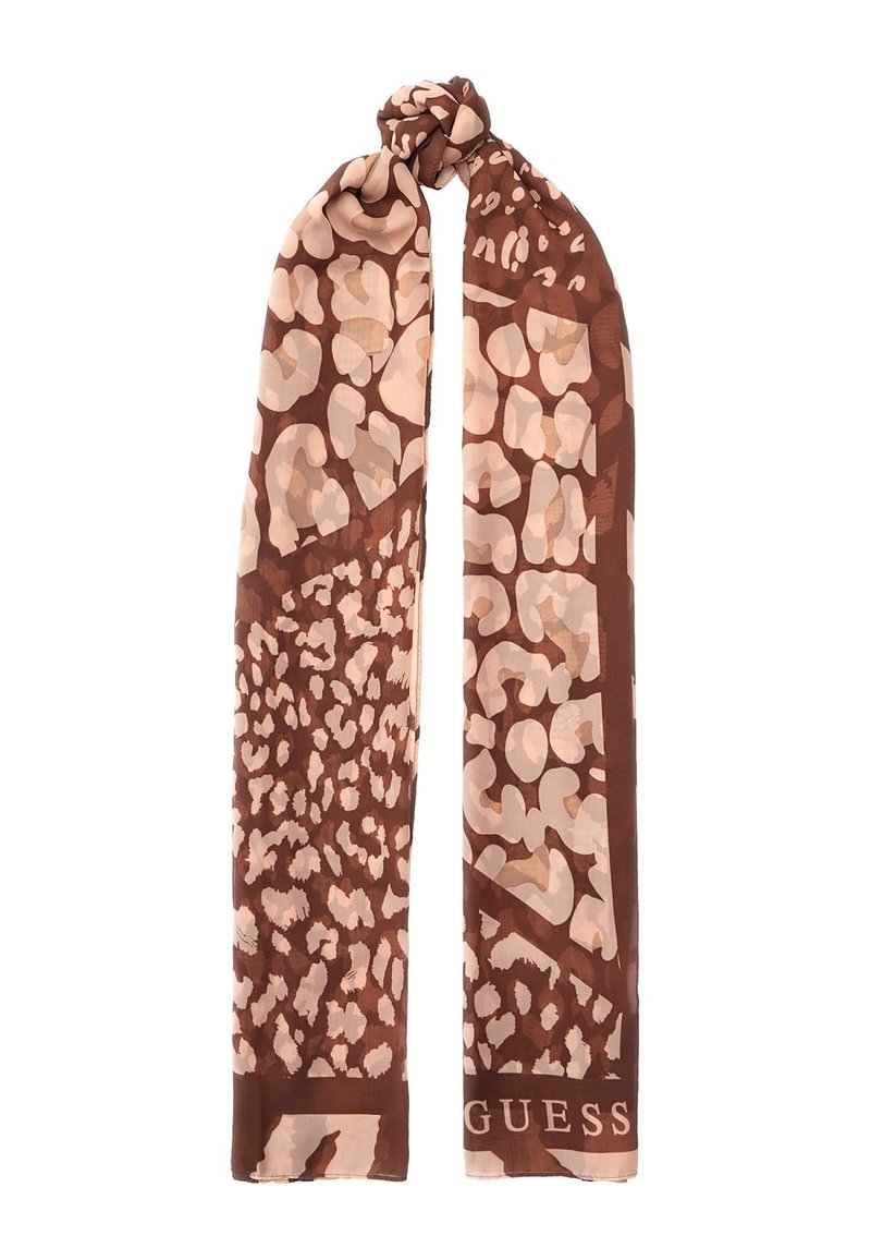 Sciarpa marrone e beige con motivo a stampa leopardata. Realizzata in tessuto morbido, ha un design annodato a un'estremità e il logo del marchio nella parte inferiore.