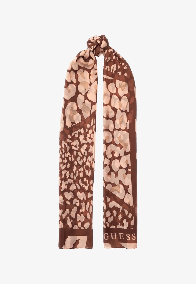 Sciarpa marrone e beige con motivo a stampa leopardata. Realizzata in tessuto morbido, ha un design annodato a un'estremità e il logo del marchio nella parte inferiore.