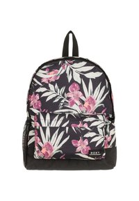 Sac à dos noir à motifs floraux, mettant en avant des orchidées roses et des feuilles vertes, avec une poche latérale en maille et une poignée solide sur le dessus.