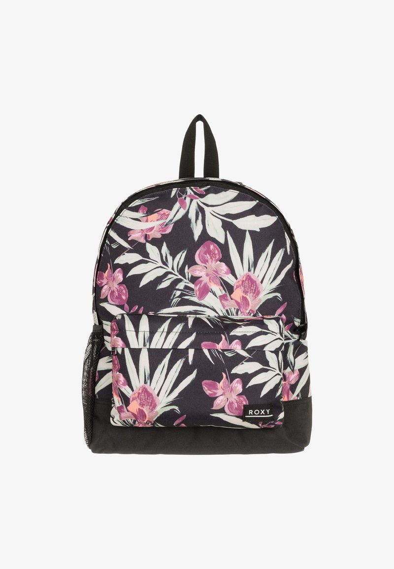 Sac à dos noir à motifs floraux, mettant en avant des orchidées roses et des feuilles vertes, avec une poche latérale en maille et une poignée solide sur le dessus.