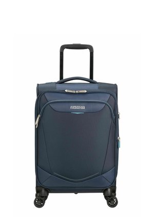 Valise American Tourister bleu marine avec quatre roues pivotantes, poignée télescopique, poignée de transport supérieure et poche avant zippée.