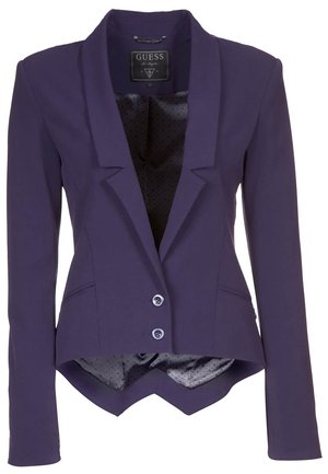 Veste ajustée violette pour femme avec deux boutons à l'avant, col à revers cranté et ourlet pointu, dotée d'une doublure intérieure subtilement imprimée.