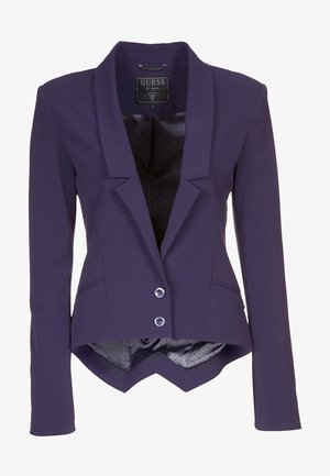 Blazer entallado para mujer de color púrpura con dos botones delanteros, solapa con muesca y dobladillo puntiagudo, con un forro interior con un patrón sutil.