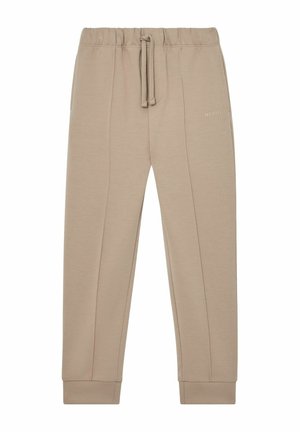 Pantalon de survêtement beige fuselé avec taille élastique, cordon, poignets côtelés et petit logo "REISS" sur la partie supérieure de la cuisse droite.