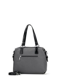 Šedá textilní kabelka s černými koženými akcenty, dvojitými horními rukojeťmi, odnímatelným ramenním popruhem a přední kapsou na zip.