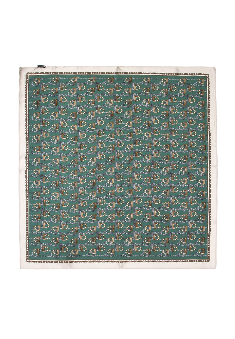 Groene zijden sjaal met een herhalend patroon van omrande harten in blauw en bruin, omzoomd met een crèmekleurige rand en ingewikkelde details.