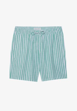 Costume da bagno a strisce verde chiaro e bianco. Presenta una vita elastica, chiusura con cordino e tasche laterali. Realizzato in tessuto leggero.