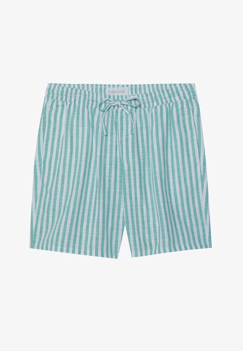 Ριγέ μαγιό σε ανοιχτό πράσινο και άσπρο. Διαθέτει ελαστική μέση, κορδόνι κλεισίματος και πλαϊνές τσέπες. Κατασκευασμένο από ελαφρύ ύφασμα.