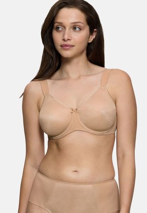 Beige behå med texturerade paneler och gulddetaljer. Mjukt tyg, bygelstöd, justerbara band och klassisk form.