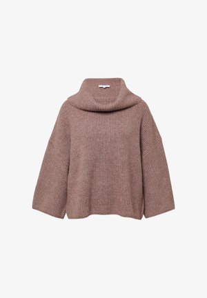 Chunky gebreide trui in zachte bruine draad, met een colkraag, brede mouwen en een relaxed fit, met een ribbelstructuur door het geheel.