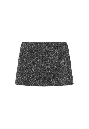 Black, sparkly mini skirt with a fitted silhouette; features a textured fabric with a subtle shimmer throughout. No visible hardware.