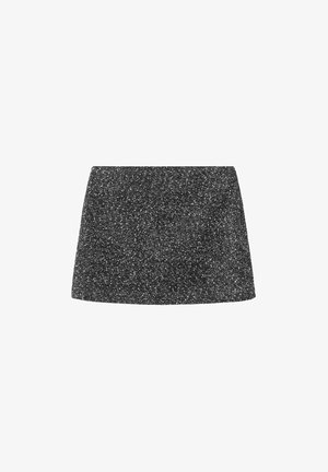 Black, sparkly mini skirt with a fitted silhouette; features a textured fabric with a subtle shimmer throughout. No visible hardware.