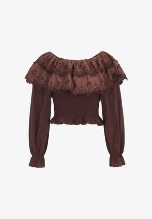 Braune schulterfreie Bluse mit langen Ärmeln, geraffter Taille und Spitzenvolant-Details über Brust und Schultern.