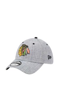 Gray fabric baseball cap featuring an embroidered Chicago Blackhawks logo in yellow, red, green, and black. Adjustable strap at the back.