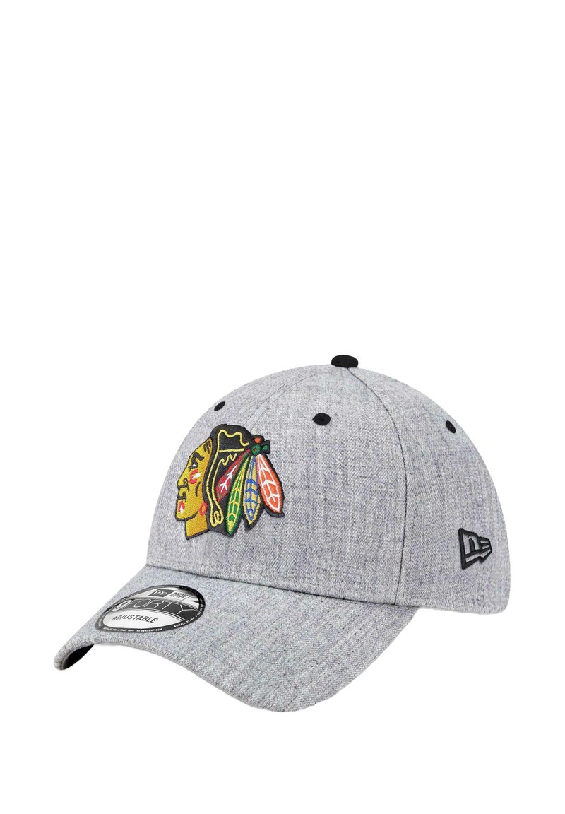 Gray fabric baseball cap featuring an embroidered Chicago Blackhawks logo in yellow, red, green, and black. Adjustable strap at the back.
