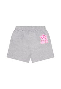 Shorts de algodón grises con cintura elástica y un logo rosa con alas y la palabra "SKYE" en el lado izquierdo.
