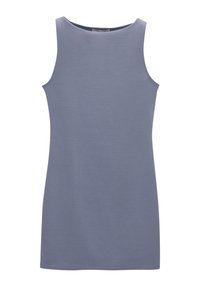 Ärmelloses Kleid aus weichem, hellblauem Stoff. Es hat einen runden Ausschnitt und einen geraden Schnitt, mit sauberen Kanten und ohne Muster oder Verzierungen.