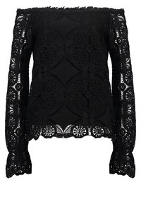 Haut noir à épaules dénudées présentant des détails en dentelle élaborés avec des motifs floraux, des manches longues et des bords festonnés. Texture douce.