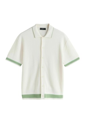 Polo bianca a maniche corte in maglia con bottoni sul davanti e bordi verde chiaro su colletto, polsini e orlo.