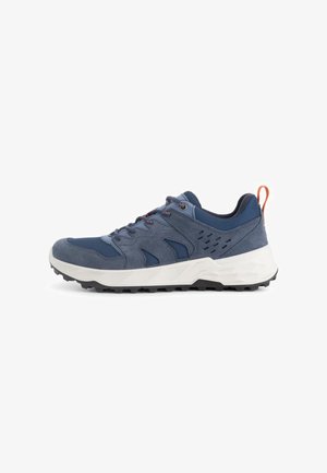Navy blue hiking shoe with mesh and suede upper, white cushioned midsole, black treaded outsole, and orange pull tab at heel.