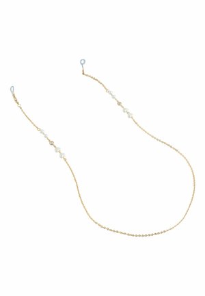 Feine Goldkette mit kleinen weißen Perlen, die entlang ihrer Länge verteilt sind, und klaren Ösen an beiden Enden zum Befestigen.