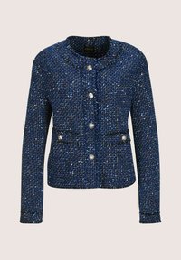 Navyblaue Tweedjacke mit rundem Ausschnitt, silbernen Knöpfen, zwei Fronttaschen und strukturiertem Stoff.