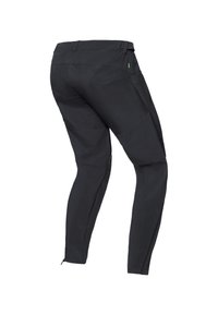 Pantaloni neri aderenti realizzati in un tessuto leggero. Le caratteristiche includono un'alta vita, aperture con zip alle caviglie e tasche laterali.