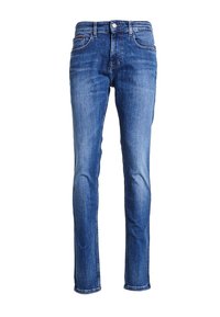 Kapelevat siniset farkut, joissa on hieno haalistuminen, viisi taskua, näkyvää ompelua ja nappikiinnitys vyötäröllä.