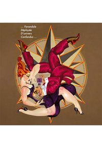 Grafisk konstverk med två figurer i livliga kläder—en röd kostym och en svart klänning—sammanflätade mot en kompassrosbakgrund.