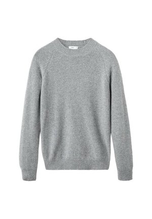 Suéter de lana gris con escote redondo, mangas raglán y puños y dobladillo acanalados. Textura suave con un diseño sencillo y sin adornos.