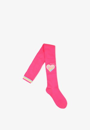 Felroze kniekous met een hartmotief met pastelkleurige regenboogkleuren en een gestreepte boord in geel, wit en blauw.